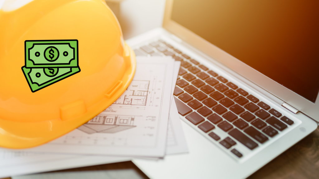 Construction hard hat, blueprints, laptop, and cost icon representing IT support costs for Las Vegas construction companies.