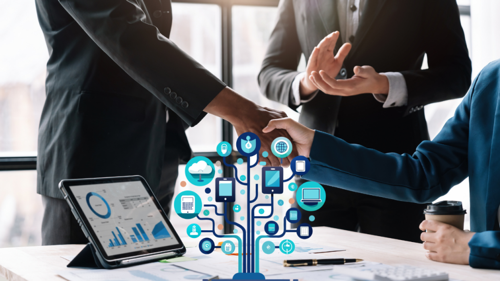 Business professionals shaking hands during a merger while digital technology icons represent IT integration and cybersecurity.