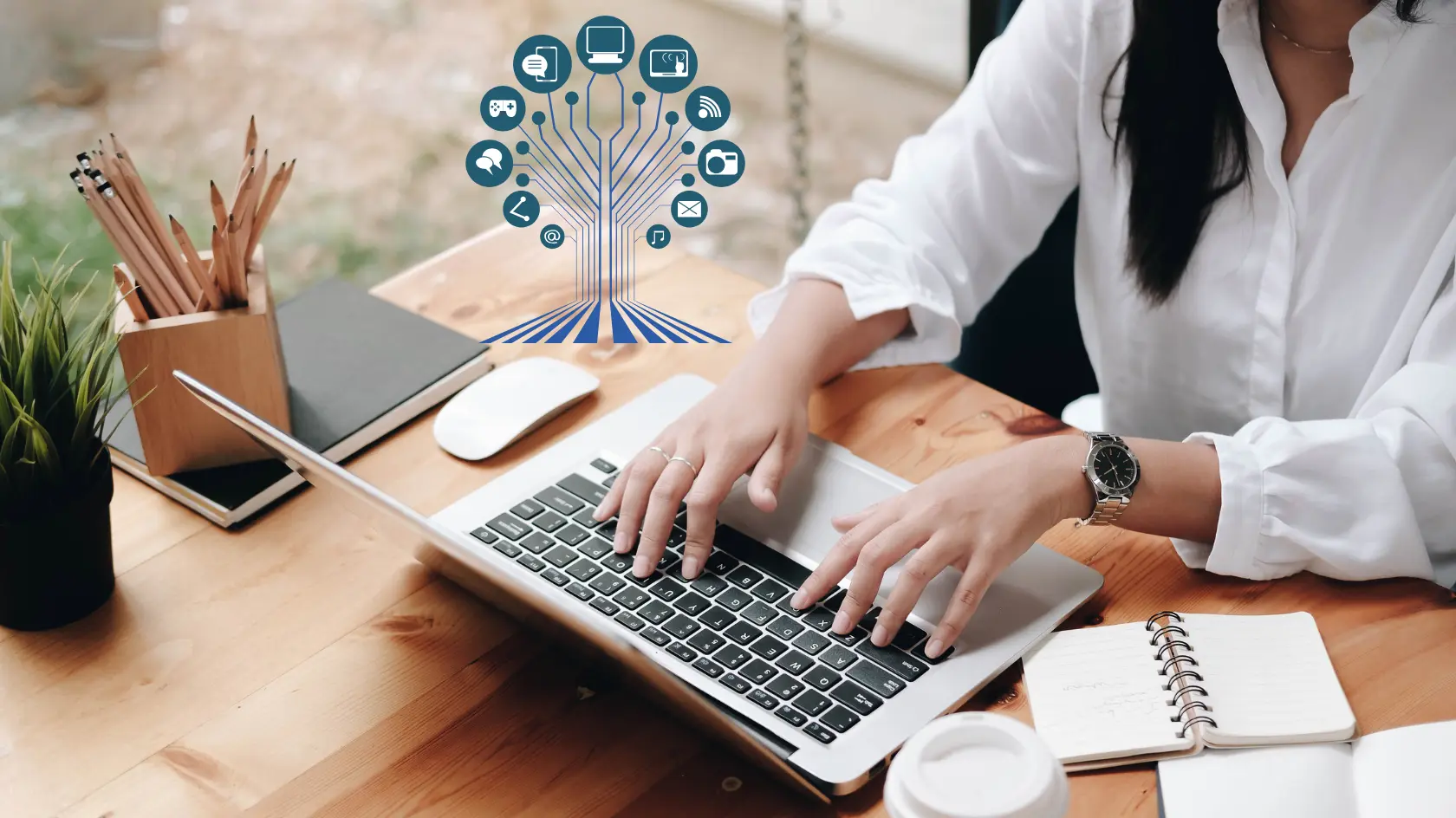 CPA professional using a laptop with digital communication and cloud technology icons