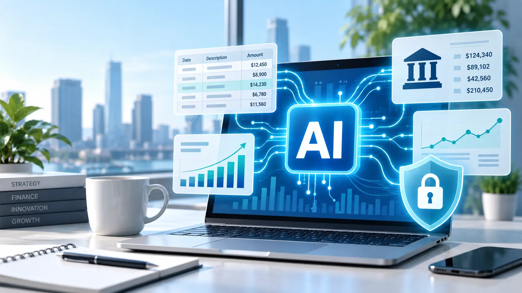 AI and financial data security shown on a laptop with banking, charts, and a cybersecurity lock icon
