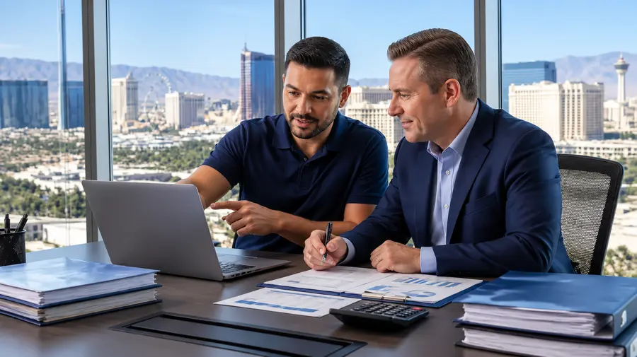 Stimulus Technologies tech reviewing financial documents with a CPA firm on a laptop in a Las Vegas office