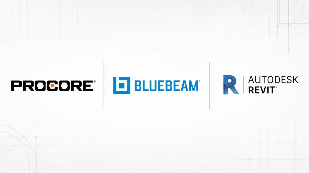 Procore, Bluebeam Revu and Autodesk Revit logos