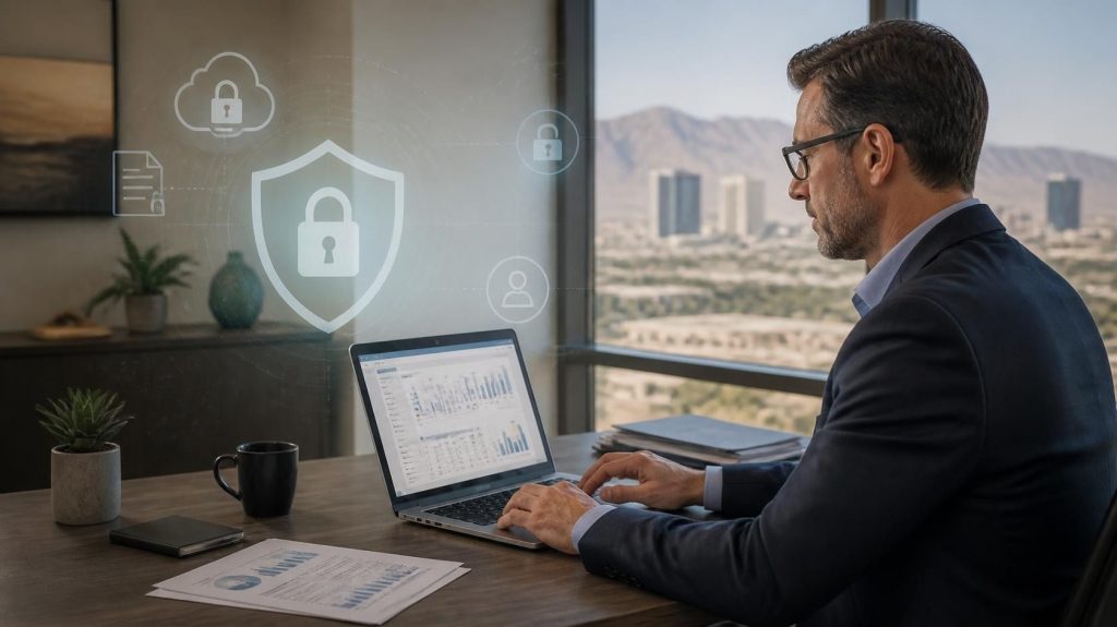 Las Vegas accounting professional working on a laptop with cybersecurity shield and lock icons in a modern office.